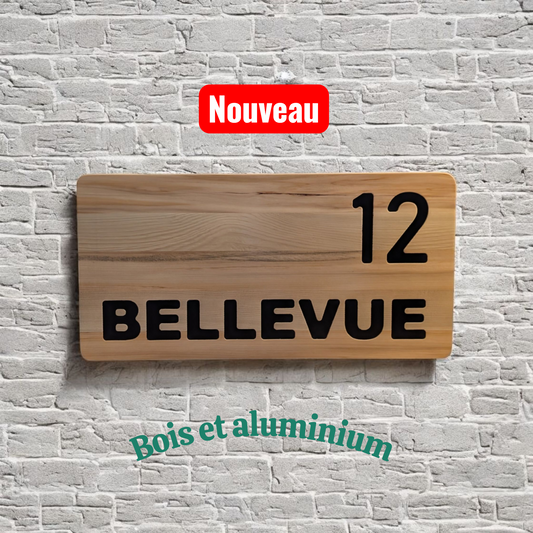 Enseigne adresse bois et aluminium noir
